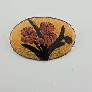 Handmade Floral Brooch Pin Round Hand Drawn Iris Enamel Painted Cottagecore